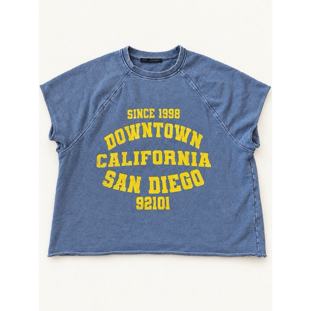 Zara Women’s Size M Blue Cropped Sweatshirt San Diego California Graphic